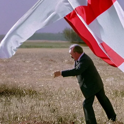 Prompt: Lukashenko happily hugging a white-red-white flag, film still, high detail