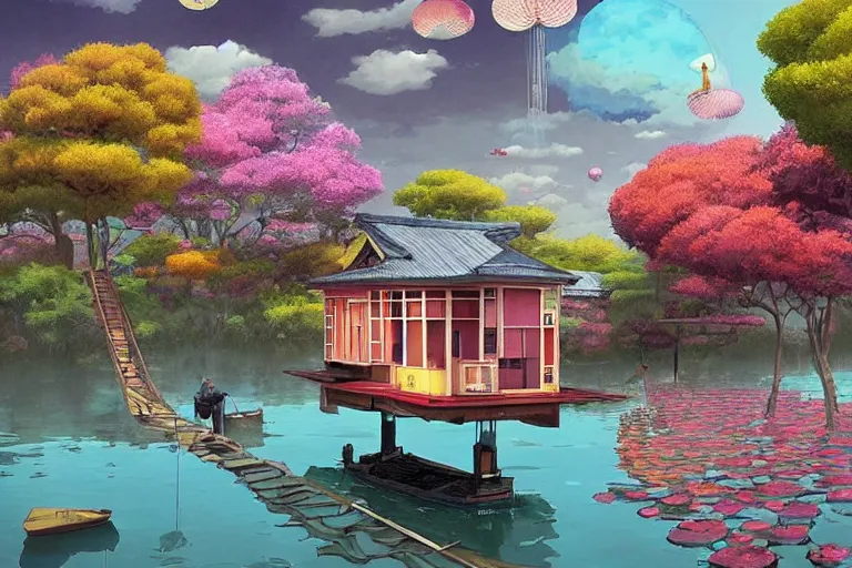 Prompt: surreal kyoto suburb, floating house in the sky, summer morning, very coherent and colorful high contrast, art by!!!! gediminas pranckevicius!!!!, geof darrow, dark shadows, hard lighting