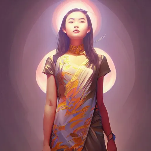 Prompt: asian sun goddess wearing modern clothing, sundress, ponytails, slice of life, modern instagram influencer, highly detailed, digital painting, artstation, concept art, sharp focus, illustration, cinematic lighting, art by artgerm and greg rutkowski and alphonse mucha