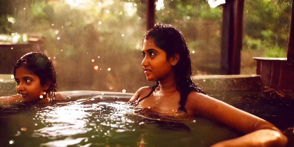 Prompt: sri lankan girl in a hot tub, film still, bubbles