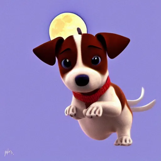 Prompt: cute pixar jack russel terrier, jumping over the smiling moon, concept art, pixar, disney studios, dreamworks animation