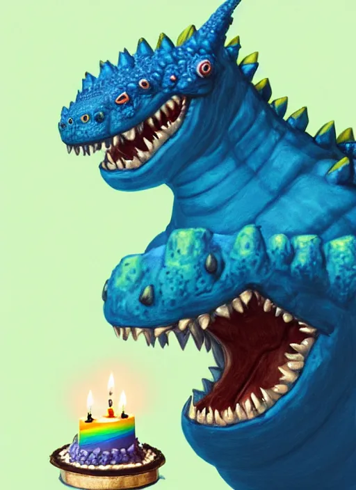 Image similar to portrait of a happy small fat blue godzilla with a birthday cake, wearing a funny rainbow hat, intricate, elegant, candle light, highly detailed, digital painting, artstation, concept art, smooth, sharp focus, illustration, art by wlop, mars ravelo and greg rutkowski