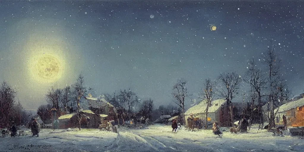 Image similar to a scene of a small rural russian village at night, stars, moon, wintertime, painting by nikolay makovsky