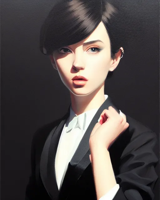 Image similar to a ultradetailed beautiful portrait panting of a stylish woman wearing a black tuxedo, oil painting, by ilya kuvshinov, greg rutkowski and makoto shinkai, trending on artstation