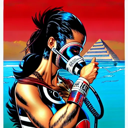 Image similar to a profile photo of a egyptian woman with a diving oxygen mask with side profile blood in ocean intricate details by MARVEL comics and Sandra Chevrier-C