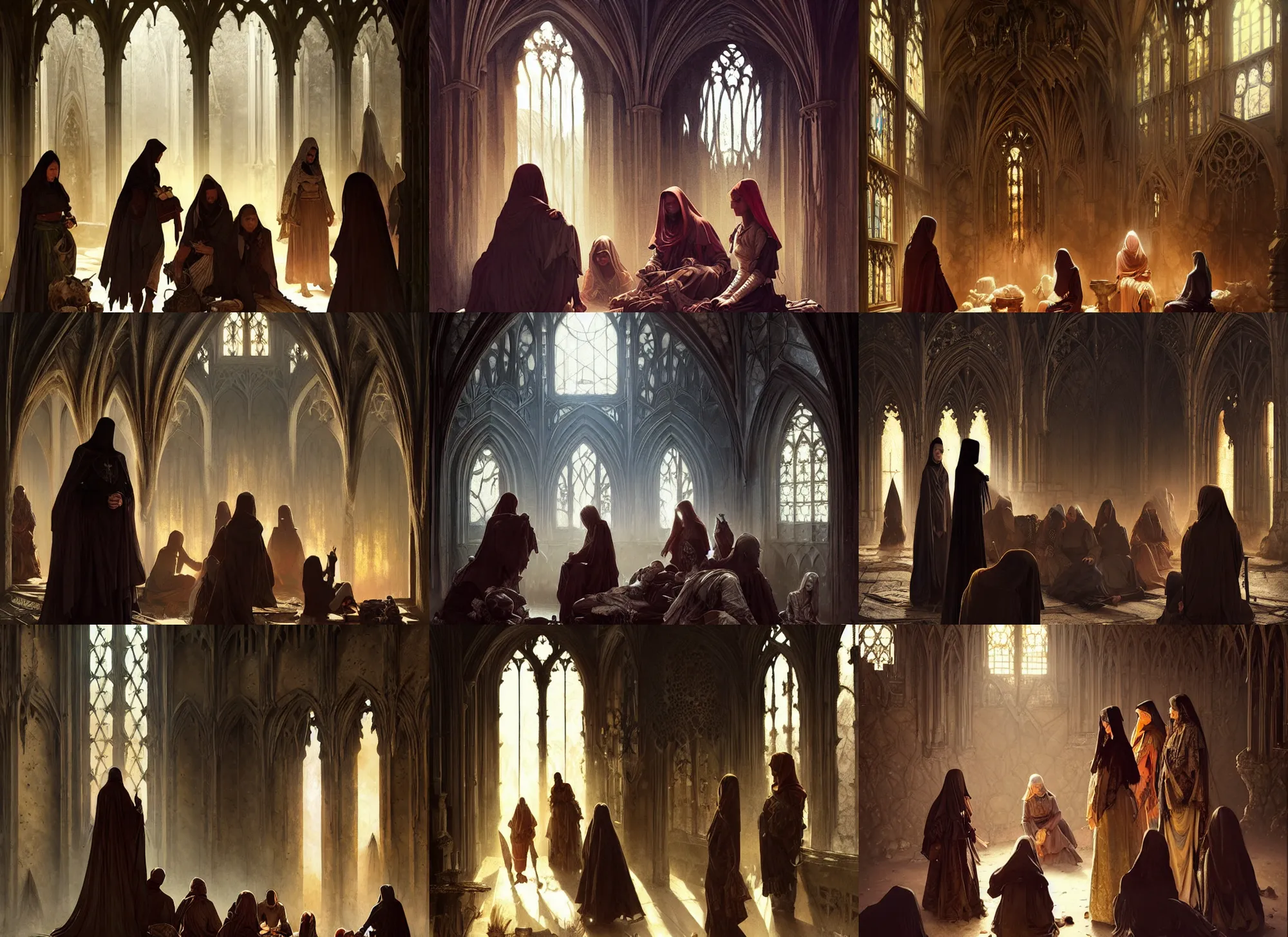 Prompt: small group of nomads staying at gothic interior, emotional sad painting, very poor, medieval peasants, fantasy, cruel, dramatic lighting, intricate, wild, highly detailed, digital painting, artstation, concept art, smooth, sharp focus, illustration, art by artgerm and greg rutkowski and alphonse mucha
