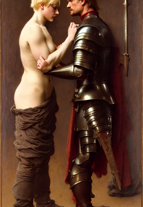 Image similar to attractive handsome fully clothed jaime lannister confesses his love for attractive fully armored brienne of tarth. centered composition. highly detailed painting by gaston bussiere and j. c. leyendecker and william adolphe bouguereau and fra angelico and octane render, musee d'orsay 8 k