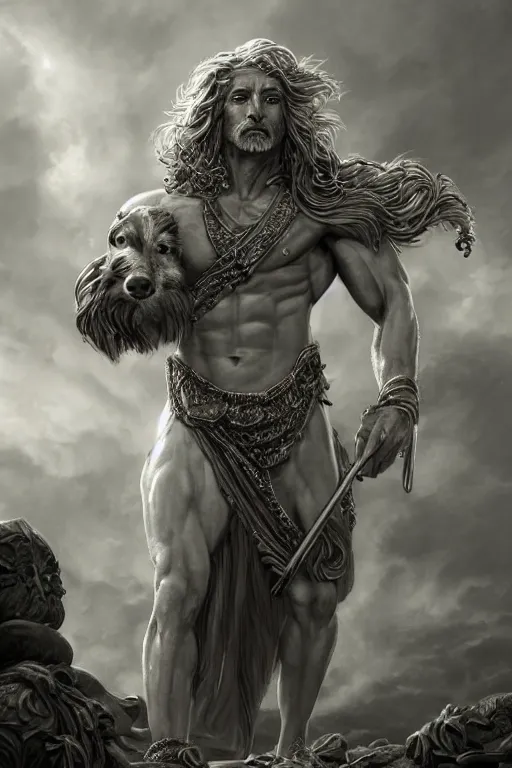 Image similar to Dog as a god, detailed face, gorgeous, amazing, flowing hair, very muscular male body, partial anatomy, stormy background, caesar victorious, proud Emperor, crepuscular ray, intricate, highly detailed, 8K, digital painting, fantasy, artstation, concept art, sharp focus, over-shoulder shot, illustration, art by greg rutkowski beeple and alphonse mucha