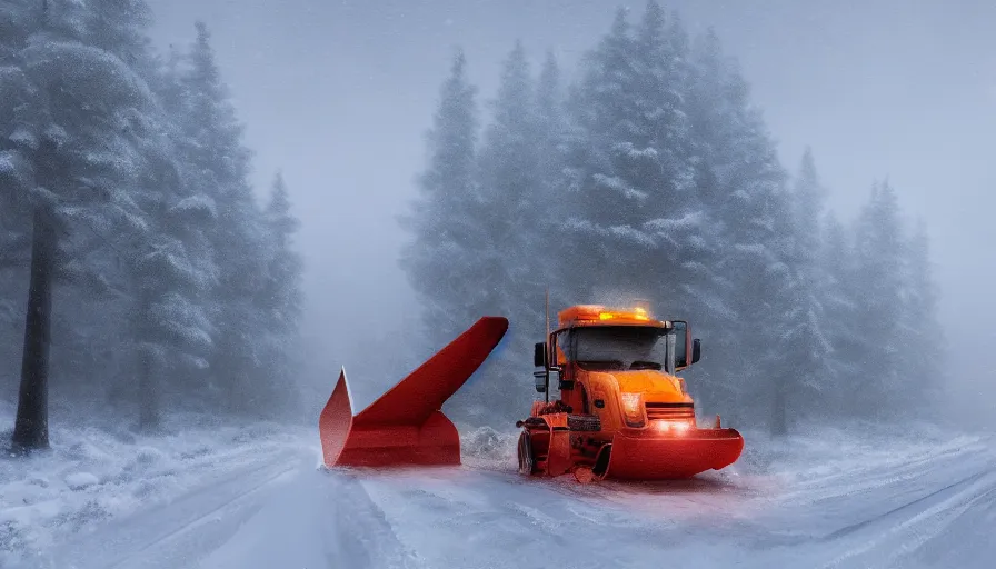 Image similar to A Snowplow!! clearing a beautiful snowy landscape. A blizzard and heavy snow falls. Fog and mist, highly detailed, concept art, digital art, 4k, high snow