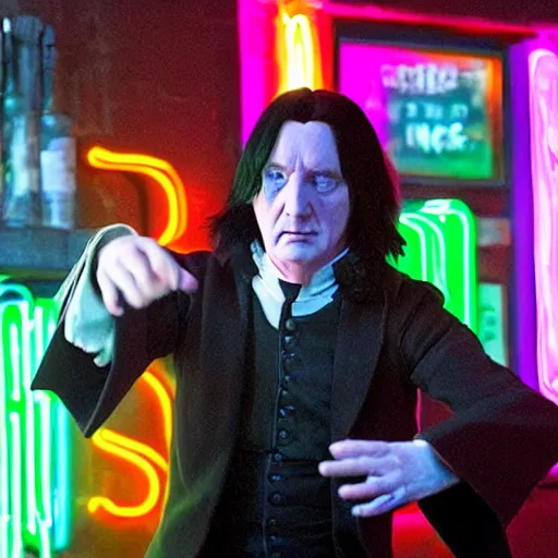 Prompt: Severus Snape dances in a bar, neon, realistic, full body, very detailed, super realistic, dramatic