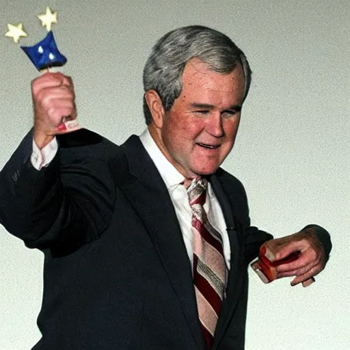 Image similar to Newt Gingrich holding a George W. Bush action figure. AP photo.