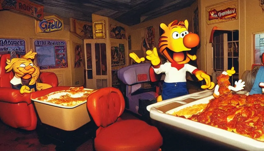 Prompt: 1990s photo of inside the Garfield ride at Universal Studios in Orlando, Florida, riding a plate of Lasagna with Garfield through a living room filled with tons of food, cinematic, UHD