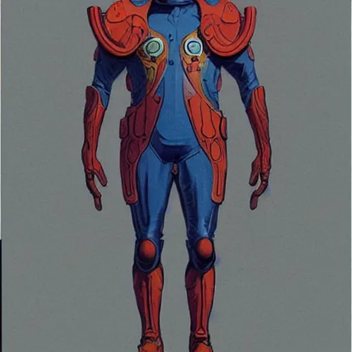 Image similar to concept art, stylized, super exaggerated proportions, concept design, male, science fiction suit, by jean giraud