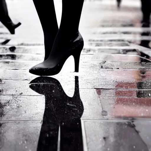 Prompt: close up of a womans high-heel shoe stepping into a shallow rain puddle on a busy crosswalk, by Leonid Afremov, reflections, matte painting, hyperrealism