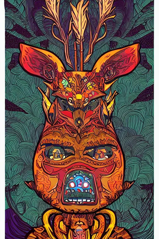 Image similar to animal mask totem roots flower tribal feather gemstone plant wood rock shaman vodoo video game vector cutout illustration vivid multicolor borderlands comics by josan gonzales and dan mumford radiating a glowing aura