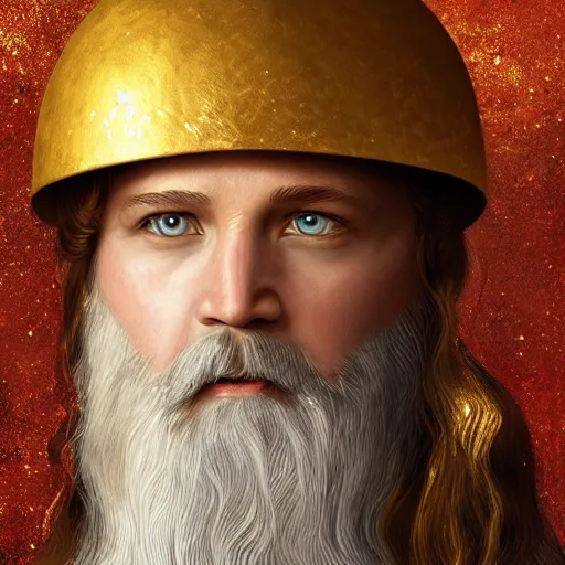 Image similar to Jennifer Lawrence as ancient greek woman in golden helmet, giant grey-haired bearded male face in the sky, epic fantasy style art, fantasy epic digital art