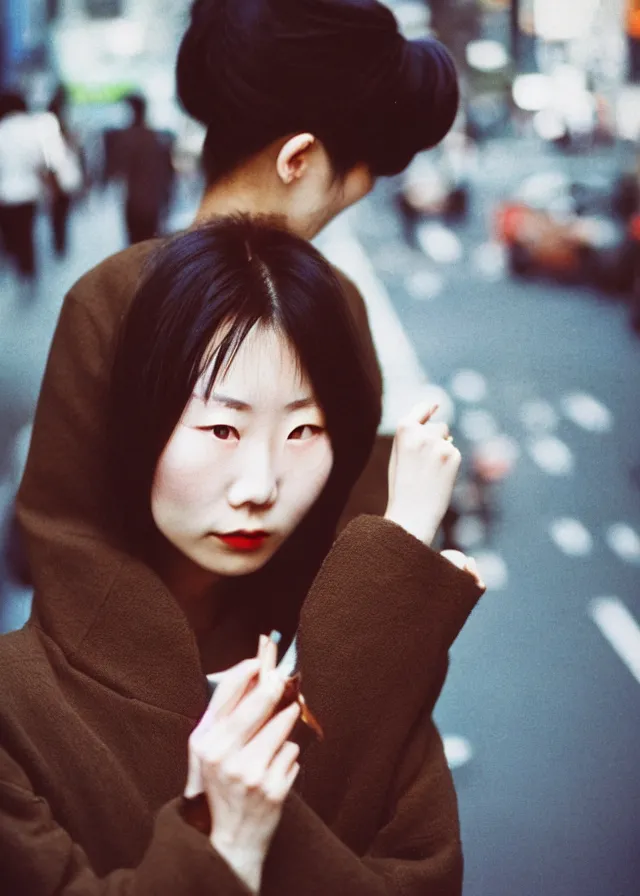 Image similar to a portrait street photograph shot on cinestill 5 0 d of a japanese woman in 9 0 s fashion with modest make up, hair died to a hazelnut brown, shot in shibuya tokyo on a 3 5 mm at f / 2. 8 and 1 / 1 2 0 0 shutter speed, print magazine quality, nostalgia, 8 k