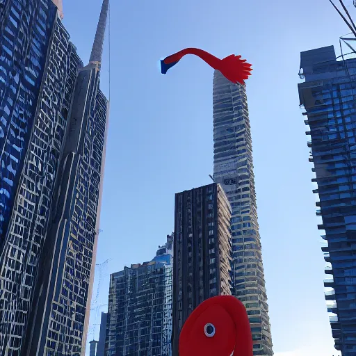 Image similar to photo of a giant real flamingo towering above a city