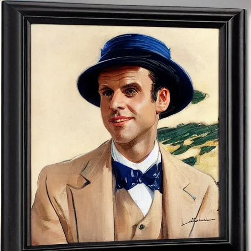 Image similar to a portrait of emmanuel macron wearing a straw hat in a scenic environment by j. c. leyendecker