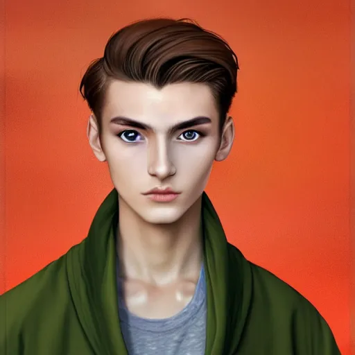 Prompt: colorful Captivating teenage boy with brown blond short quiff hair and thin facial structure with cleft chin, good definition of cheekbones, Alert eyes, narrow face, brown eyes with red eye markers, slim body, wearing a detailed Japanese kimono with golden details, atmospheric lighting, painted, intricate, 4k, highly detailed by Charlie Bowater