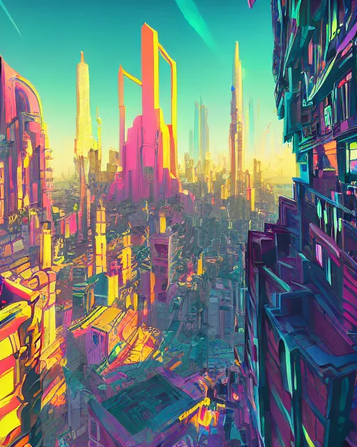 Prompt: concept art image of a fantastic detailed dmt skyscraper amidst a futuristic city against a colorful sky, by sid mead, by anton fadeev, by denise scott brown, by studio ghibli, anime cell shaded, concept art