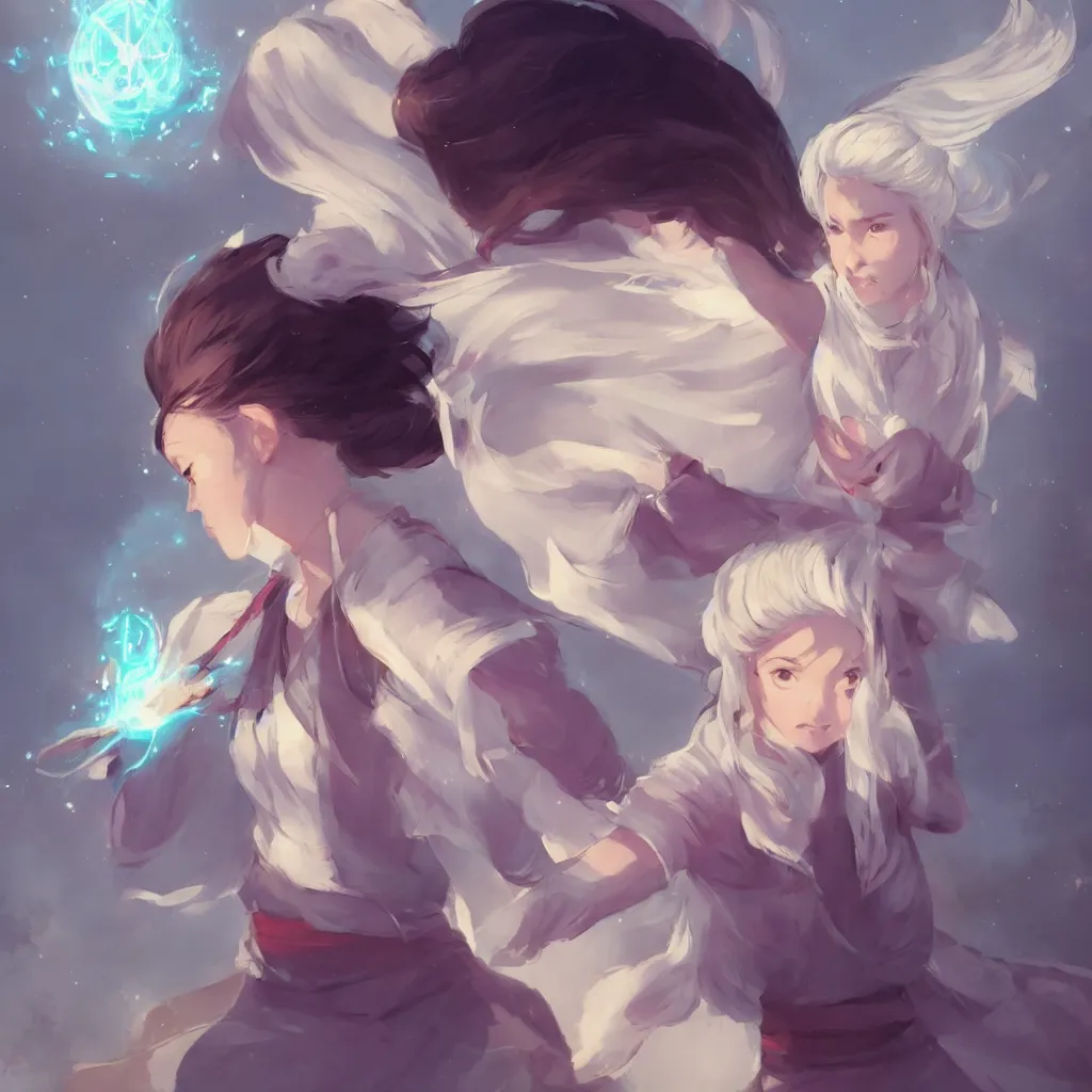 Prompt: girl sorcerer with white hair in a hairbun, she is wearing a scarf. she is learning how to use her magic powers. cgsociety masterpiece, artstation trending, by rossdraws, ghibli, kimi no na wa, greg rutkowski, simon stalberg, greg manchess