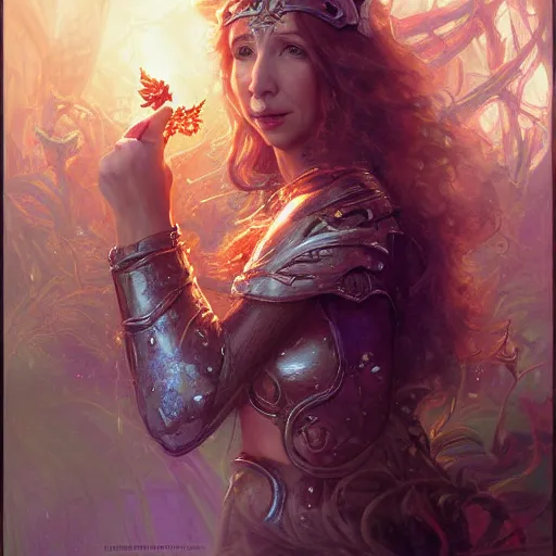 Image similar to lisa kudrow, mushroom kingdom, fantasy character portrait, concept art, sorceress, magical aura, bright, interesting angle, intricate details, highly detailed by greg rutkowski, gaston bussiere, simon bisley