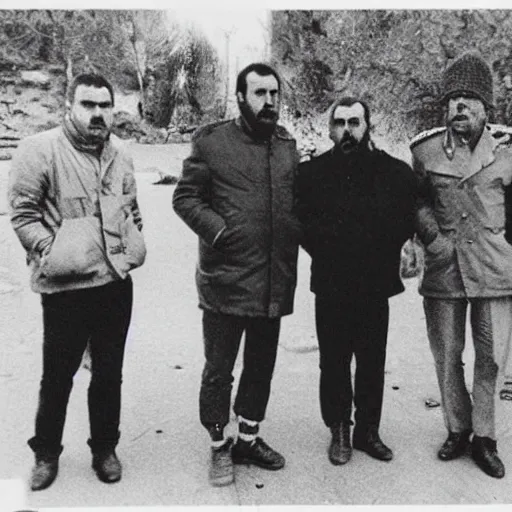 Prompt: Radoslav Svrzikapa, Petko Terziovski, Bobi Sulakov Sotirovski and Grozdan Lukic the men who are believed to have assasinated general Ile Davidov, 1986