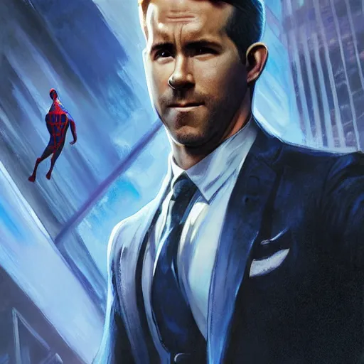 Image similar to ryan reynolds as spider - man, wearing a black and blue suit, cinematic, volumetric lighting, f 8 aperture, cinematic eastman 5 3 8 4 film, photorealistic by greg rutkowski, by stanley artgerm, by alphonse mucha