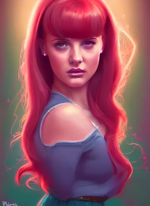 Image similar to full body portrait of teenage cheryl blossom, bangs, green eyes, sultry expression, red hair, sultry smirk, bangs and wavy hair, pink skirt, bangs, intricate, elegant, glowing lights, highly detailed, digital painting, artstation, concept art, smooth, sharp focus, illustration, art by wlop, mars ravelo and greg rutkowski