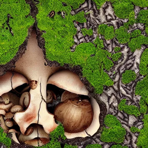 Image similar to a fractured skull with mushrooms growing through the cracks, mossy, in the forest