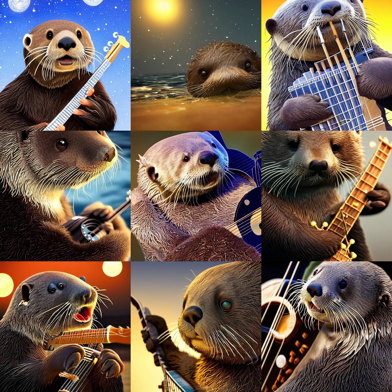 Prompt: a closeup photorealistic photograph of a cute sea otter playing banjo at night ”. this 4 k hd image is trending on artstation, featured on behance, well - rendered, extra crisp, features intricate detail and the style of unreal engine.