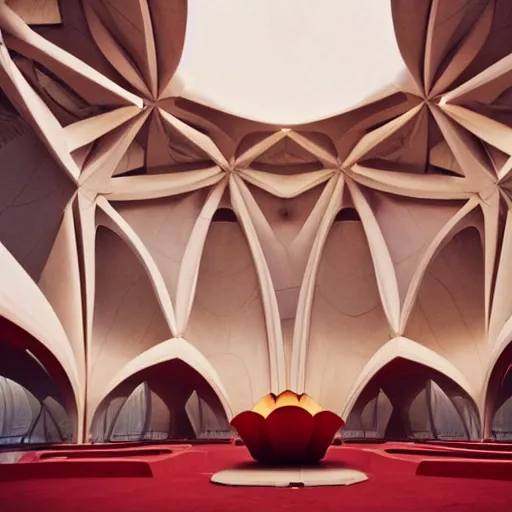 Image similar to interior of a futuristic lotus temple with gold, red and white marble panels, in the desert, by buckminster fuller and syd mead, intricate contemporary architecture, photo journalism, photography, cinematic, national geographic photoshoot