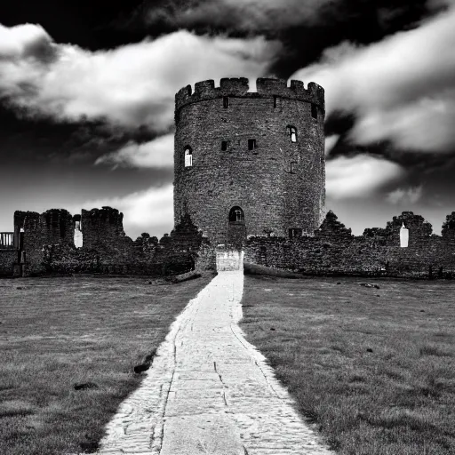 Image similar to try looming castle under a cloudy sky where nary a ray escapes the god's frown