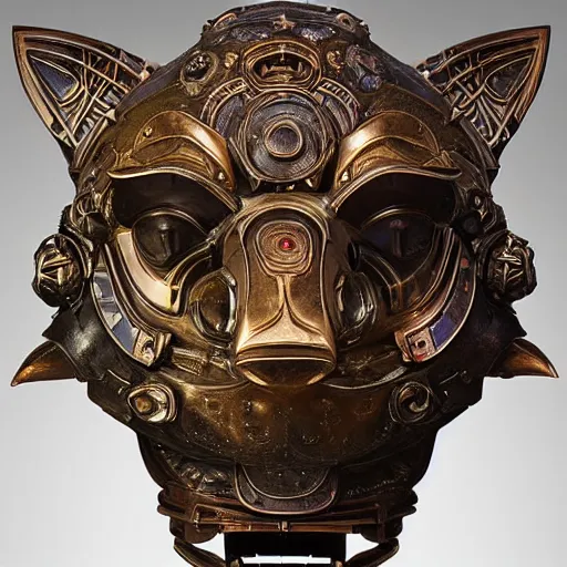 Prompt: beautiful sculpture of an ornate mechanical robot cat head, by annie swynnerton and diego rivera and nicholas roerich and jean delville, symbolist, dramatic lighting, god rays, elaborate geometric ornament, art brut, soft colors, smooth, sharp focus, extremely detailed, adolf wolfli and ( donato giancola )