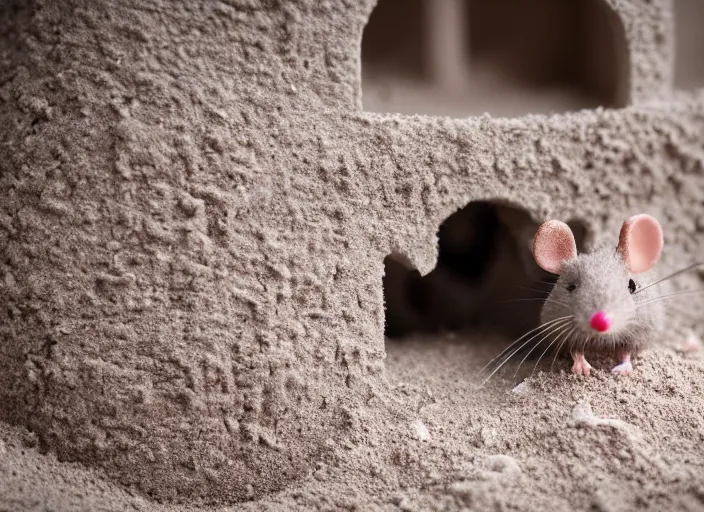 Image similar to dslr photo still of a mouse inside a sand castle, 8 k, 8 5 mm f 1. 4