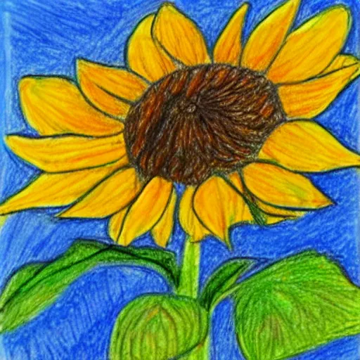 Image similar to crayon drawing of a sunflower, drawn by a 6 year old, photorealistic