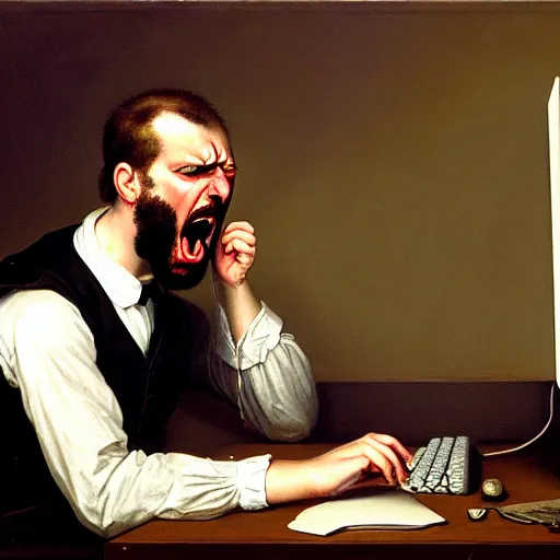 Image similar to an angry man yells at his computer monitor, oil on canvas, 1 8 8 3, highly detailed