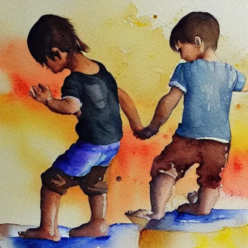 Prompt: kids playing the game the floor is lava, watercolour