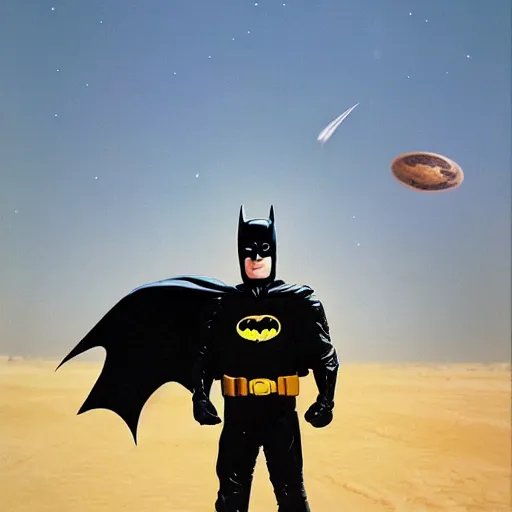 Prompt: hyper realistic portrait of batman in desert, wearing astronaut outfit, 35mm, painting by John berkey