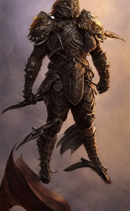 Image similar to male stocky werefox warrior in leather armour, holding a scimitars, feywild, d & d, fantasy, intricate and very beautiful and highly detailed, elegant, digital painting, artstation, concept art, matte, smooth and sharp focus, illustration, art by tian zi and wlop and alsphonse mucha and artgerm and greg rutkowski