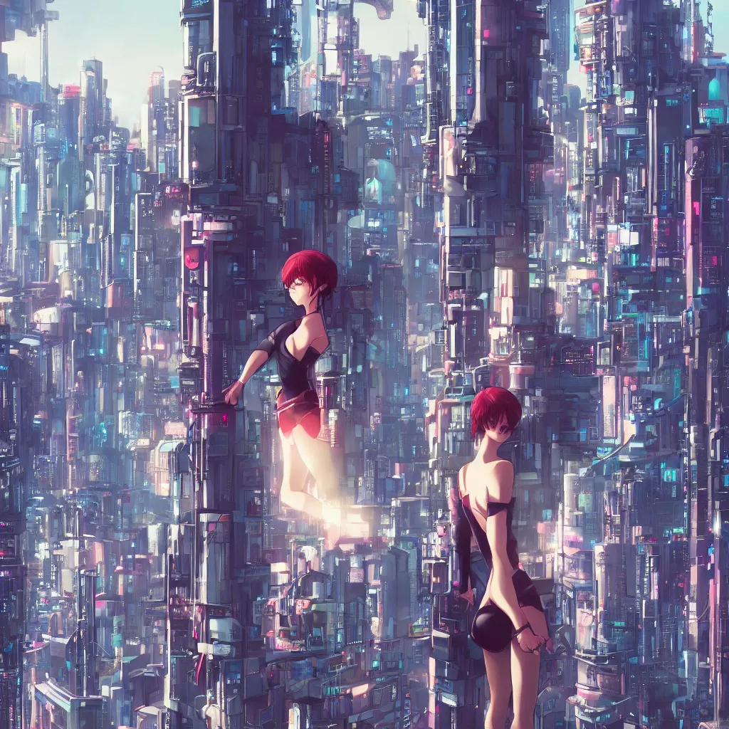 Prompt: a girl stands on top of a multi-storey building, anime style, 4k, cyberpunk city in the background, very detailed, by Ilya Kuvshinov