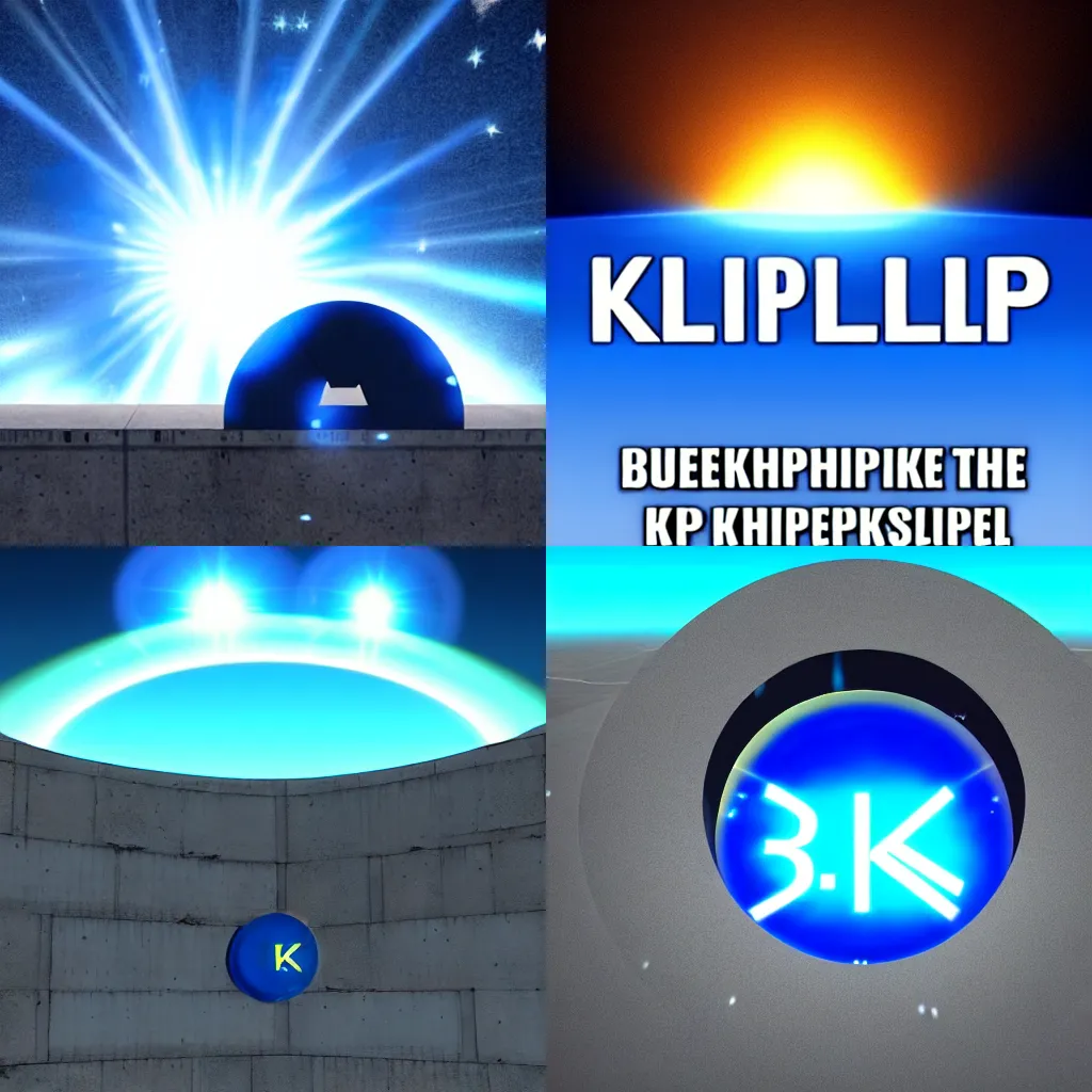 Prompt: Blue Text that says 3kliksphilp, with a picture of a concrete building in a martin crater, with a star in the sky with creating lens flare, CGI, the blue text says 3kliksphilp, the blue text says 3kliksphilp