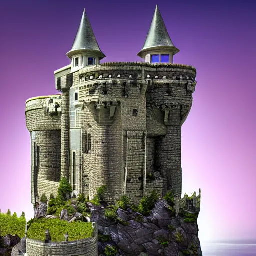 Prompt: futuristic medieval castle on a floating rock above the ground
