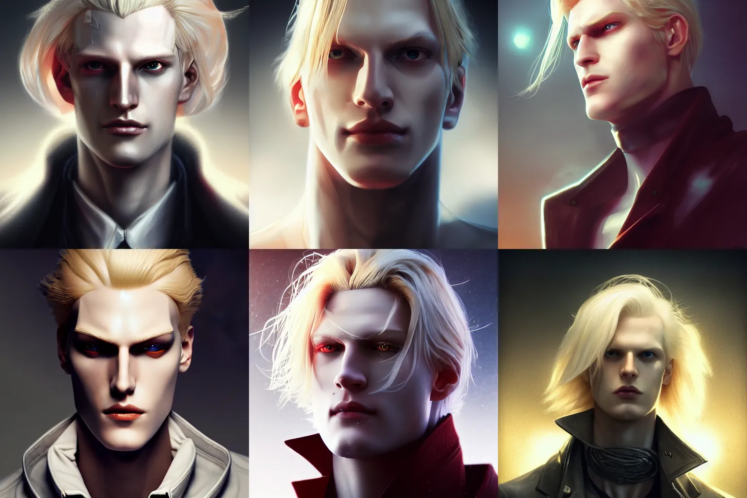 Prompt: a centered photo of the most complicated and technical pale blond man, johan liebert mixed with alucard, mystical post apocalyptic cyborg, powerful, cinematic, beautifully lit, by artgerm, by karol bak, 3 d, perfect face and body, trending on artstation, octane render, 8 k