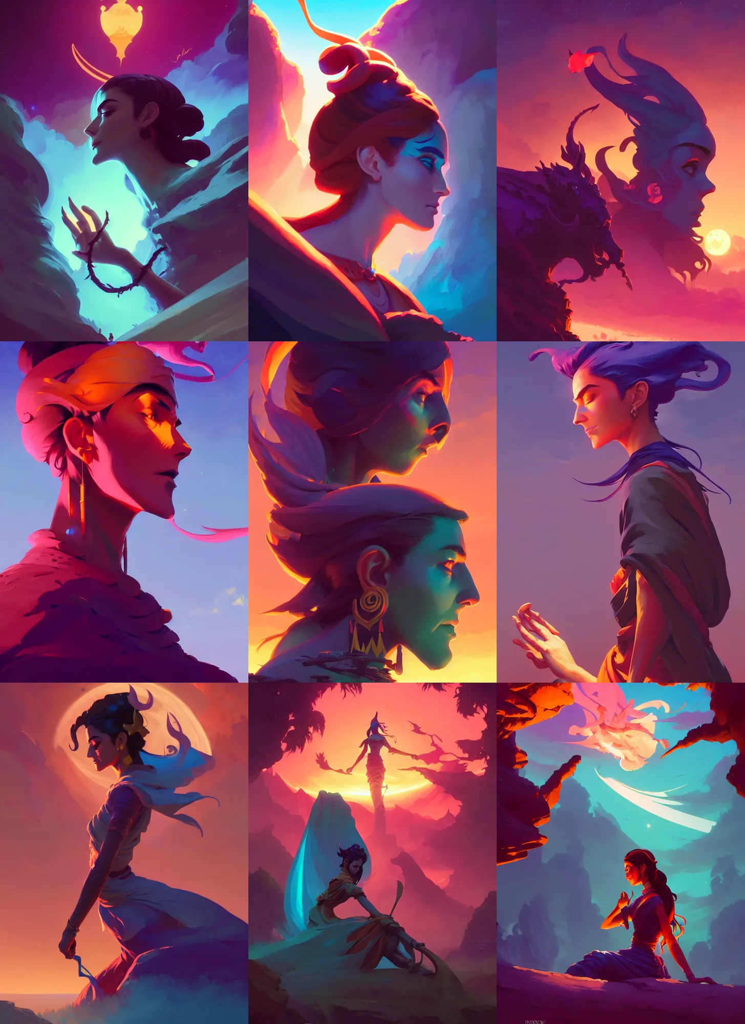 Prompt: side profile tarot, maya ali, sorcerer, gloomhaven, aesthetic unreal engine, gaudy colors, matte painting concept art, by jesper ejsing, by rhads and makoto shinkai and lois van baarle and ilya kuvshinov and rossdraws