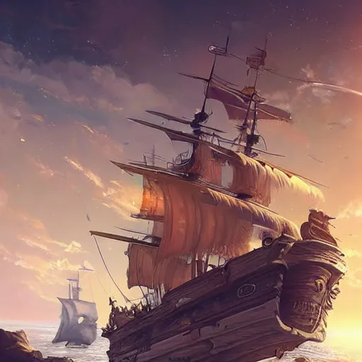 Image similar to pirate ship sailing through space with distant planets visible in the background, trending on artstation, ultra fine detailed, hyper detailed, hd, concept art, digital painting