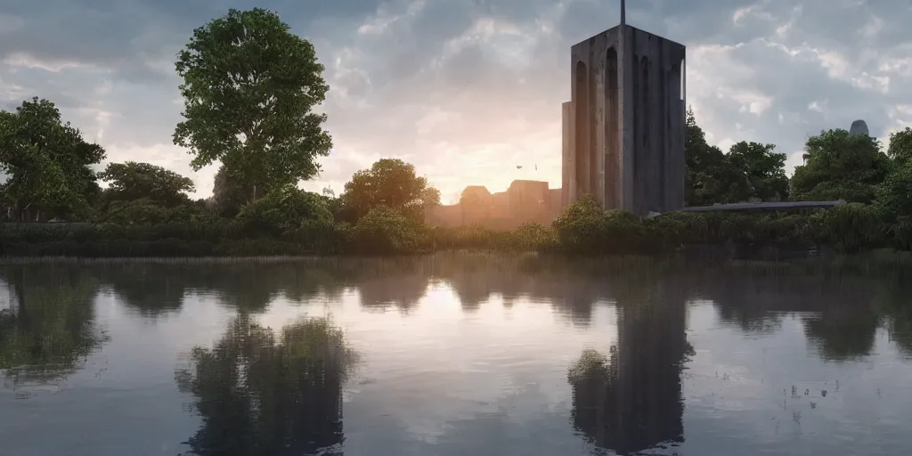 Image similar to an extremely detailed cathedral of brutalist architecture, surrounded by lush green forest, accurate reflections in small ponds of water, stunning volumetric lighting, sunset, rusted steel, smooth concrete, stunning skies, trending on Artstation, 8k, photorealistic, hyper detailed, unreal engine 5, IMAX quality, cinematic, epic lighting, in the style of Greg Rutkowski