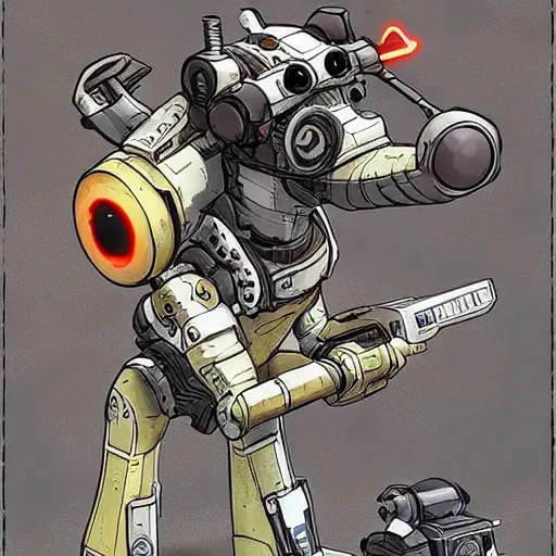 Image similar to cyborg corgi with a robotic eye and a small cannon for a tail that looks like it is from Borderlands and by Feng Zhu and Loish and Laurie Greasley, Victo Ngai, Andreas Rocha, John Harris