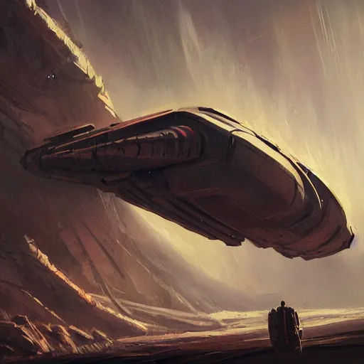 Image similar to scifi art by Greg Rutkowski, a heavy shuttle that is shaped like a brutalist-looking lobster, in the background, the distant silhouettes of a brutalist-looking planetary colony, hostile and desolate landscape, orange ambient light, detailed and intricate environment, high technology, digital painting, artstation, concept art, smooth, sharp foccus ilustration, Artstation HQ.